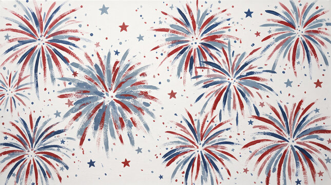 Patriotic fireworks display with red and blue starbursts and stars isolated on white background