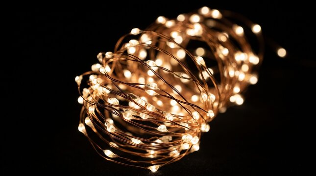 Glowing fairy lights coiled together creating a warm and magical festive illumination against darkness
