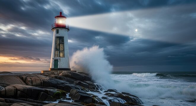 Coastal lighthouse beacon shining over crashing ocean waves.