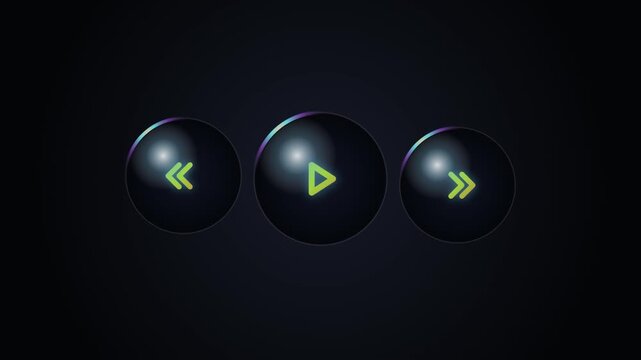 Three glossy black spherical buttons with green left, play, and right arrow symbols set against a dark seamless backdrop.