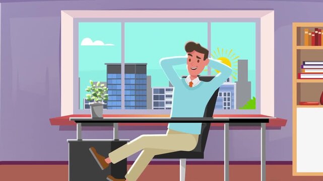 Smiling businessman relaxing in modern office chair with hands behind head during work break animation footage