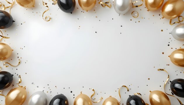 New Year gold, silver and black balloons top view with confetti and ribbons on white background, copy space
