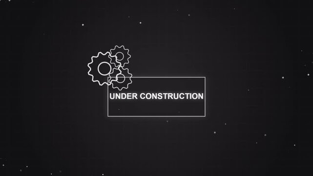 Under construction sign featuring a gear icon with text on dark cosmic-themed background with floating dots.