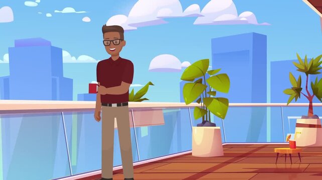 Happy man standing on modern balcony drinking morning coffee vector animation footage