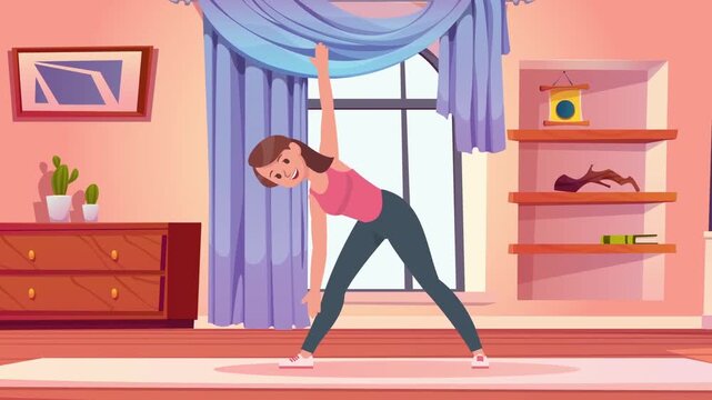 Animated woman doing yoga exercises stretching her body in living room motion clip