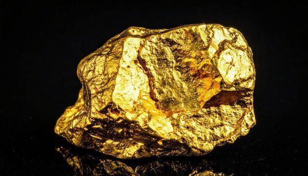 Golden nugget displayed on black background, precious metal concept