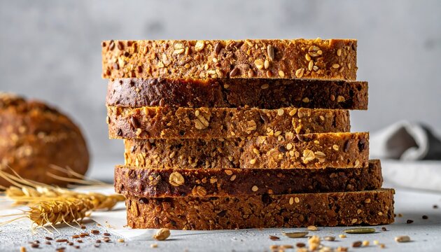 Stack of seeded whole grain bread slices, healthy bakery food