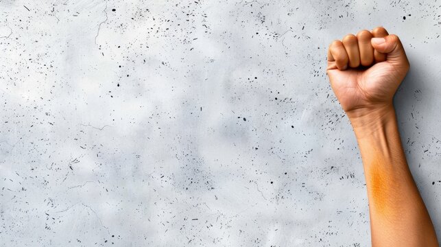 Raised Fist Against Blank Wall Signifying Strength, Solidarity, and Empowerment in Minimalist Style