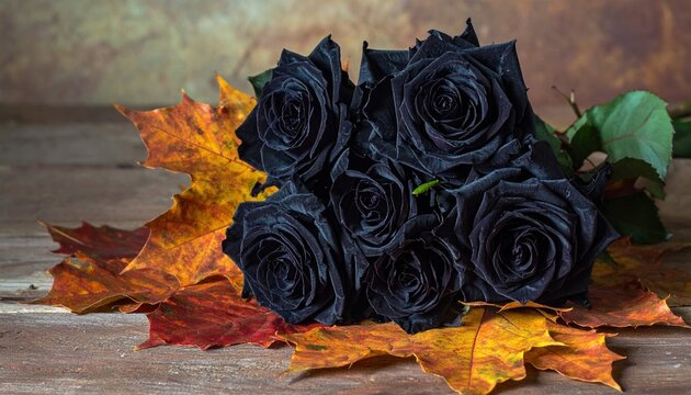 Bouquet of black roses with thorns and autumn leaves