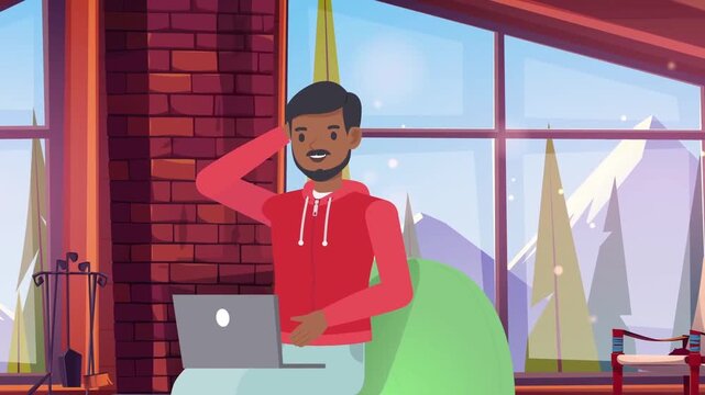 Smiling cartoon man working on his modern laptop in a cozy mountain cabin video footage
