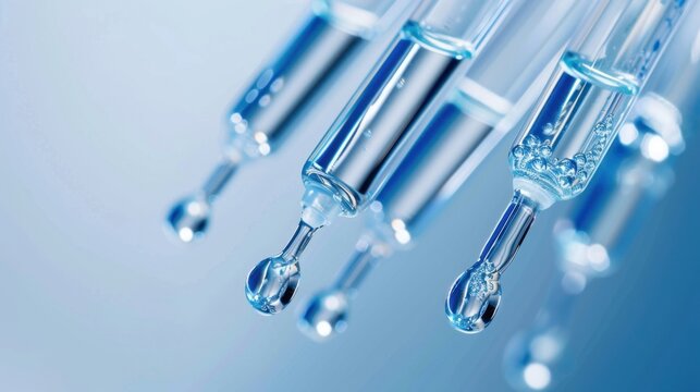 Clear Glass Pipettes with Liquid Drops Isolated on Light Blue Background for Scientific and Laboratory Use