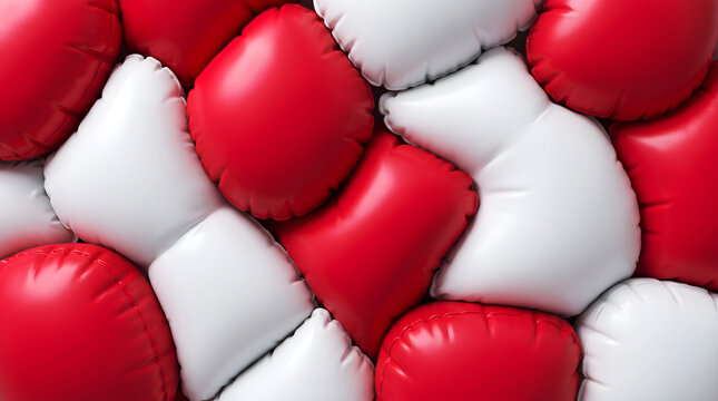 Seamless inflated red and white pillow pattern 3D render photo, abstract background of soft puffy plastic cushions packed tightly together, and vibrant geometric texture graphic.