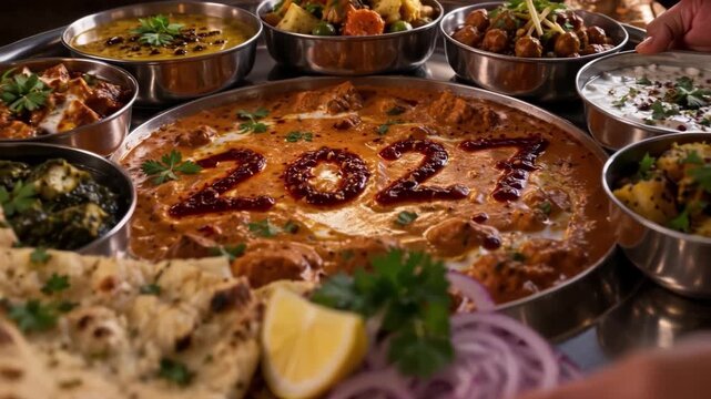 Close-up of New Year 2027 numerals decorating festive curry dish