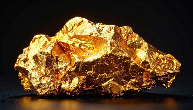 Golden nugget displayed on black background, precious metal concept