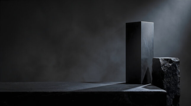 Modern minimalist monolith sculpture on stone platform in dark moody