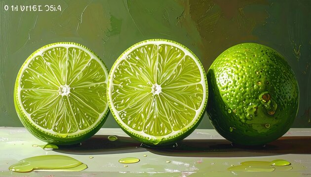 Three fresh green lime halves with juicy citrus interiors