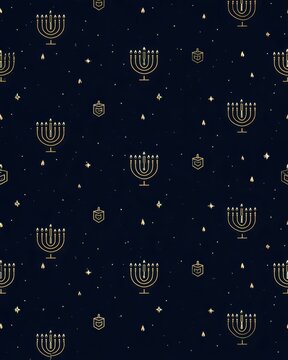 Background pattern featuring menorahs and stars on a dark surface. Hanukkah