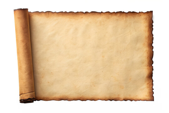 Aged Vintage Parchment Paper Sheet with Burnt Edges Isolated on White Background   
