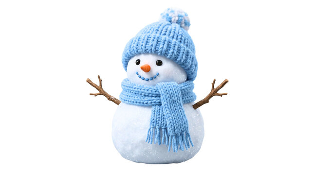 Adorable winter snowman with blue knit accessories, festive holiday snow figure on white, seasonal character with carrot nose and stick arms
