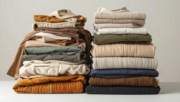 Pile of folded clothes in assorted neutral colors, wardrobe concept