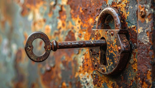 Rusted vintage padlock with inserted antique key