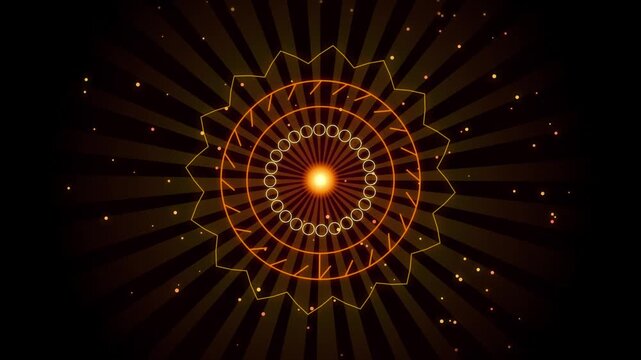 Abstract circular motion pattern with glowing golden radial lines and floating light particles.