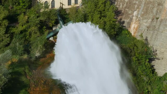 Aerial view of Talarn dam and low water levels at Panta de Sant Antoni reservoir in Spanish Pyrenees, Lleida, Spain