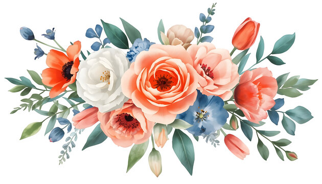 Watercolor floral illustration - flower crest with bright peach color, white, pink, blue flowers, rose, peony, poppy, tulips