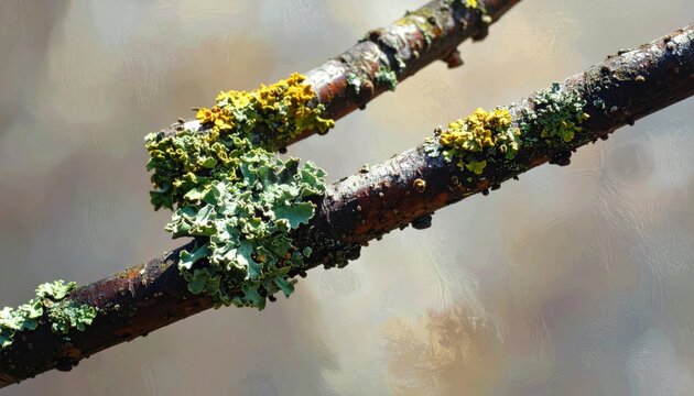 Textured bark branches adorned with vibrant green and yellow lichen