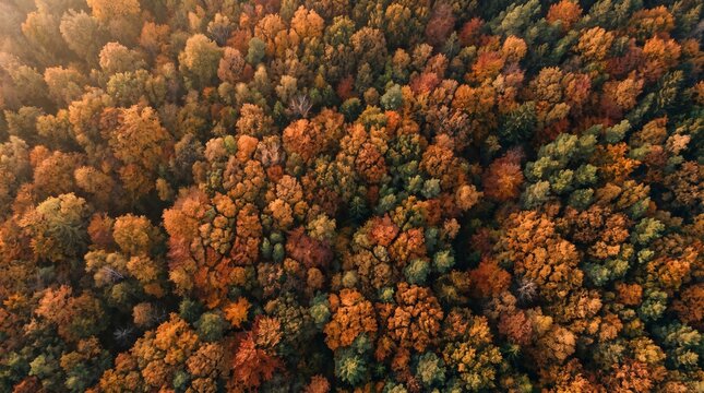 Aerial top down view of vibrant autumn forest canopy with colorful orange and yellow foliage in fall season