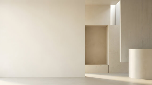 Minimalist Neutral Interior Background with Soft Sunlight and Geometric Architectural Shapes