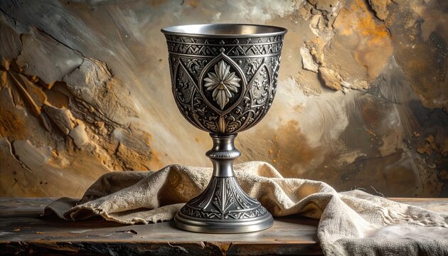 Ornate medieval silver chalice with gothic engravings