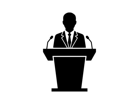 Professional speaker silhouette at a lectern with microphones, businessman giving a speech at a conference, corporate presentation icon vector