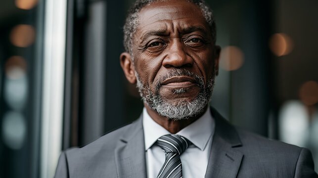 Mature African man in elegant suit thoughtfully gazing near window, portraying dignified strength and timeless professional concept