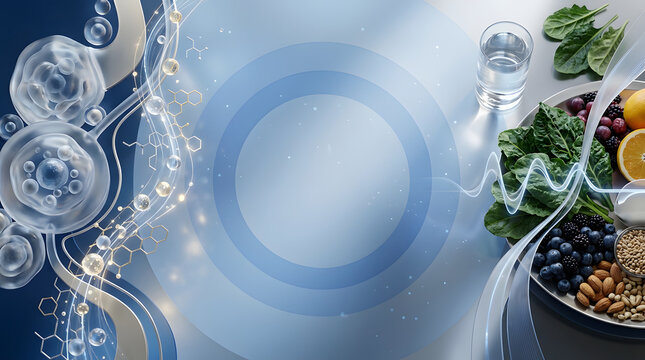 Abstract scientific background blending cellular biotechnology with healthy nutrition and wellness