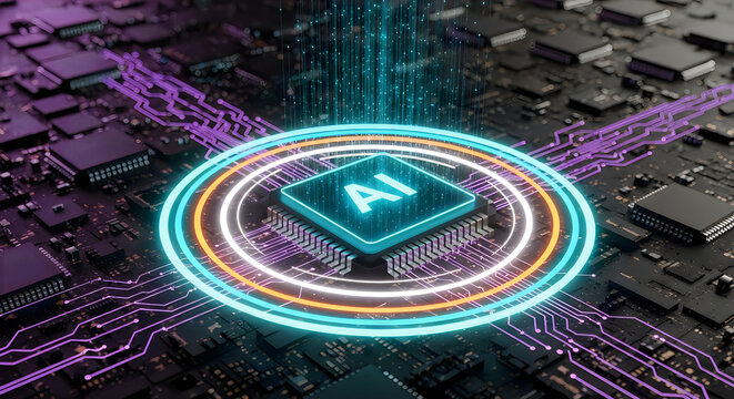 Artificial intelligence circuit board with glowing rings and digital data streams