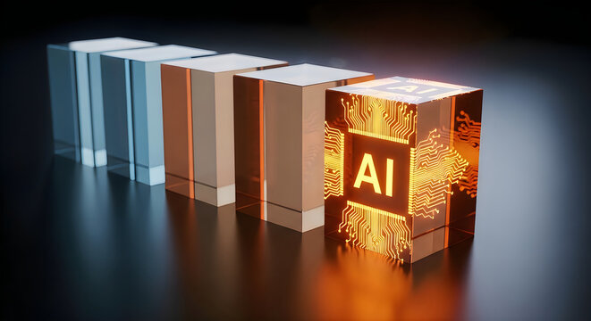 Abstract representation of artificial intelligence with glowing blocks and dark background