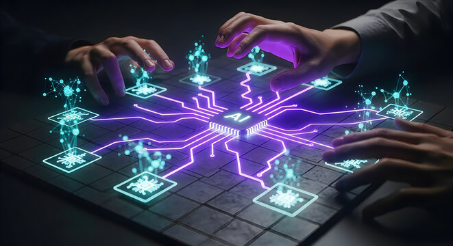 Hands interacting with a futuristic digital network and glowing data streams