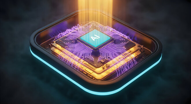 Advanced microchip processor with glowing circuitry and futuristic digital light effects