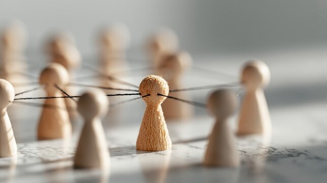 Wooden figures connected by strings showing a network, symbolizing teamwork, collaboration, and connection for business concept photography