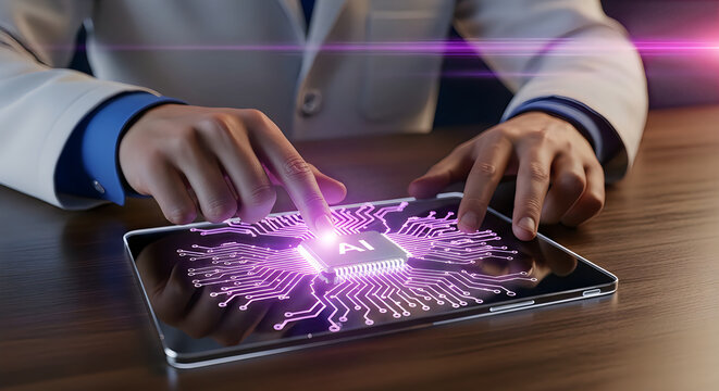Businessperson using a tablet with a glowing digital network interface