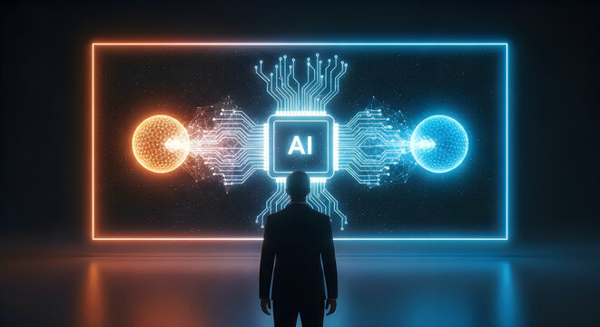 Person gazing at futuristic artificial intelligence interface with glowing light effects