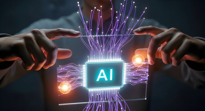 Hands interacting with a digital artificial intelligence interface and circuit board