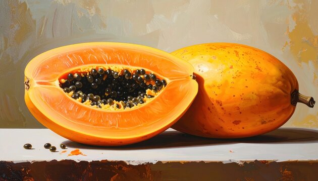 Whole papaya beside halved fruit showing bright orange flesh