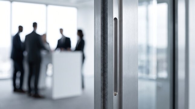 Brushed aluminum pocket door frame receiver jamb with recessed cavity channel on glass wall with blurred agile corporate strategy team in standing huddle around white collaboration island