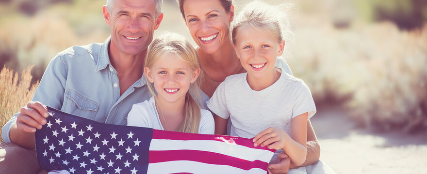 Family showing patriotism, smiling at the camera while holding the American flag, symbolizing national values and togetherness