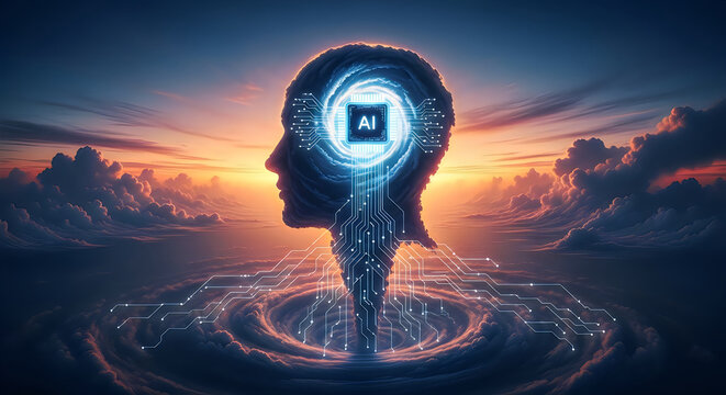 Human head silhouette filled with futuristic city and digital data streams