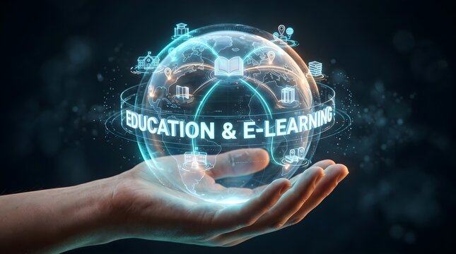 Globe hologram with educational icons for e-learning concept