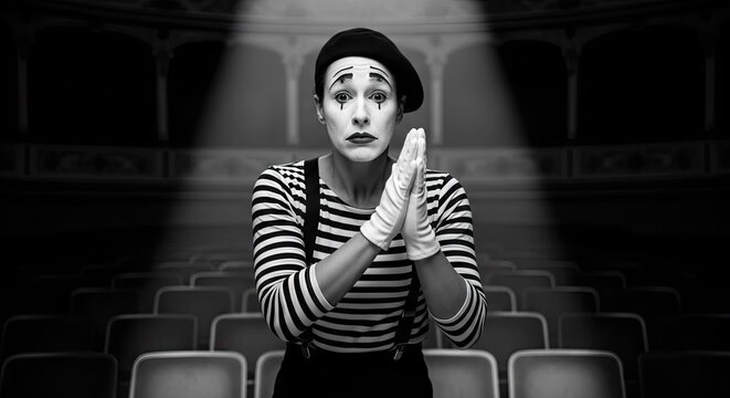 Mime artist in striped shirt performing on dark stage.