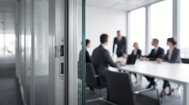 Vertical brushed aluminum door jamb with concealed acoustic drop seal actuator on glass wall with blurred multidisciplinary corporate leadership committee around white boardroom table